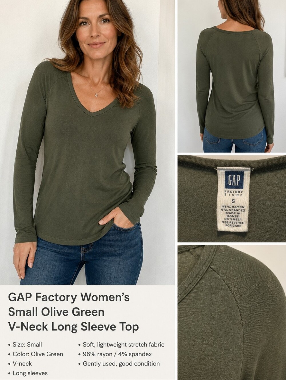 S - GAP Factory Olive Green V-Neck Long Sleeve Top